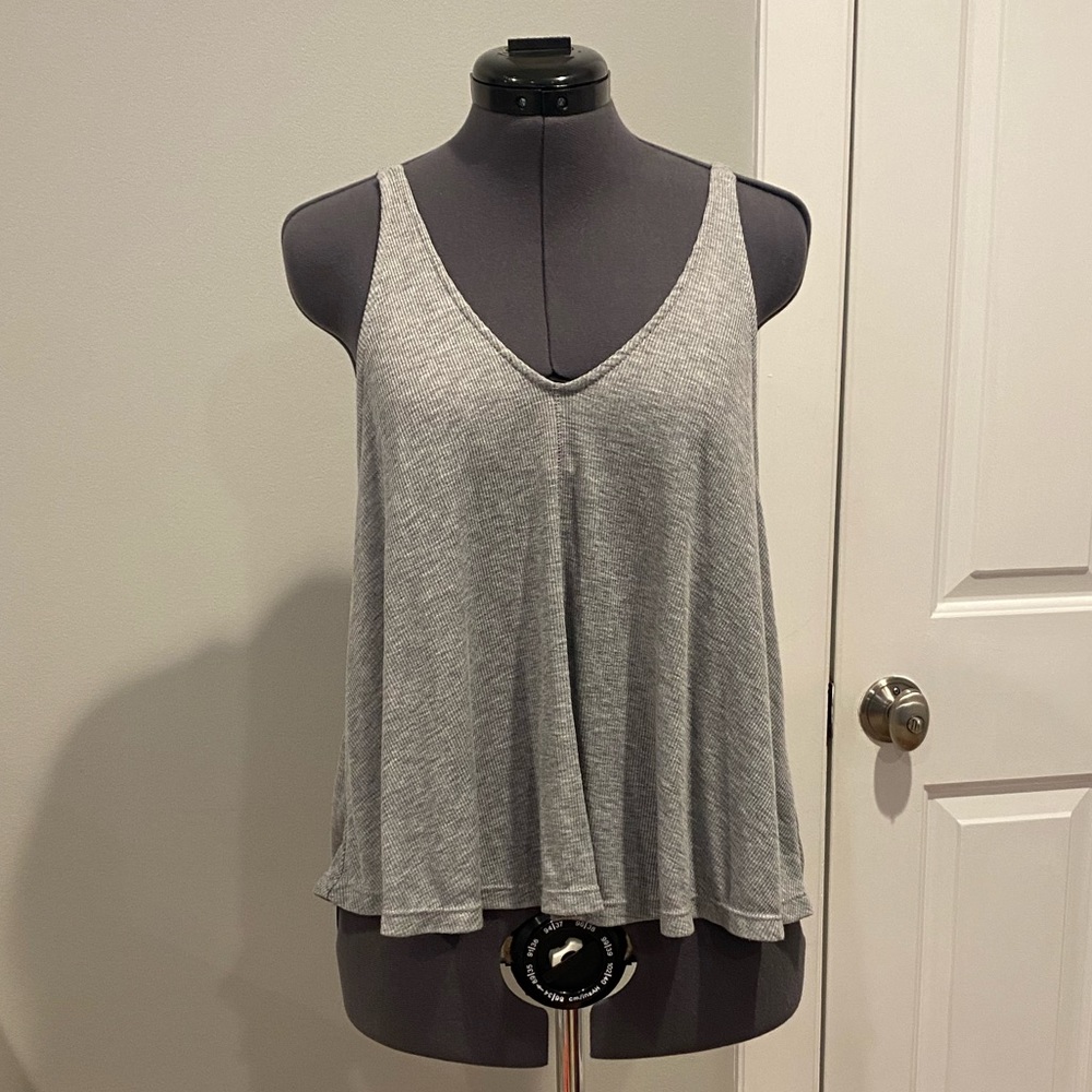 Free People Grey Deep V Ribbed Tank Top